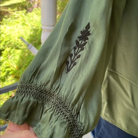NATURAL LIFE Olive Green Blouse with Black Embroidery - Picture 6 of 16